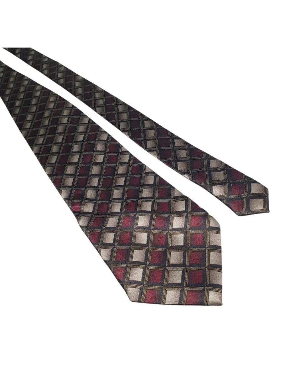 Haggar Mens Silk Tie Burgundy Silver Black Geometric Patterned Necktie Formal We